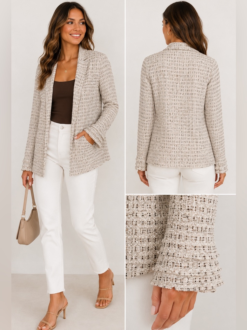 Cream Tweed Open Front Jacket